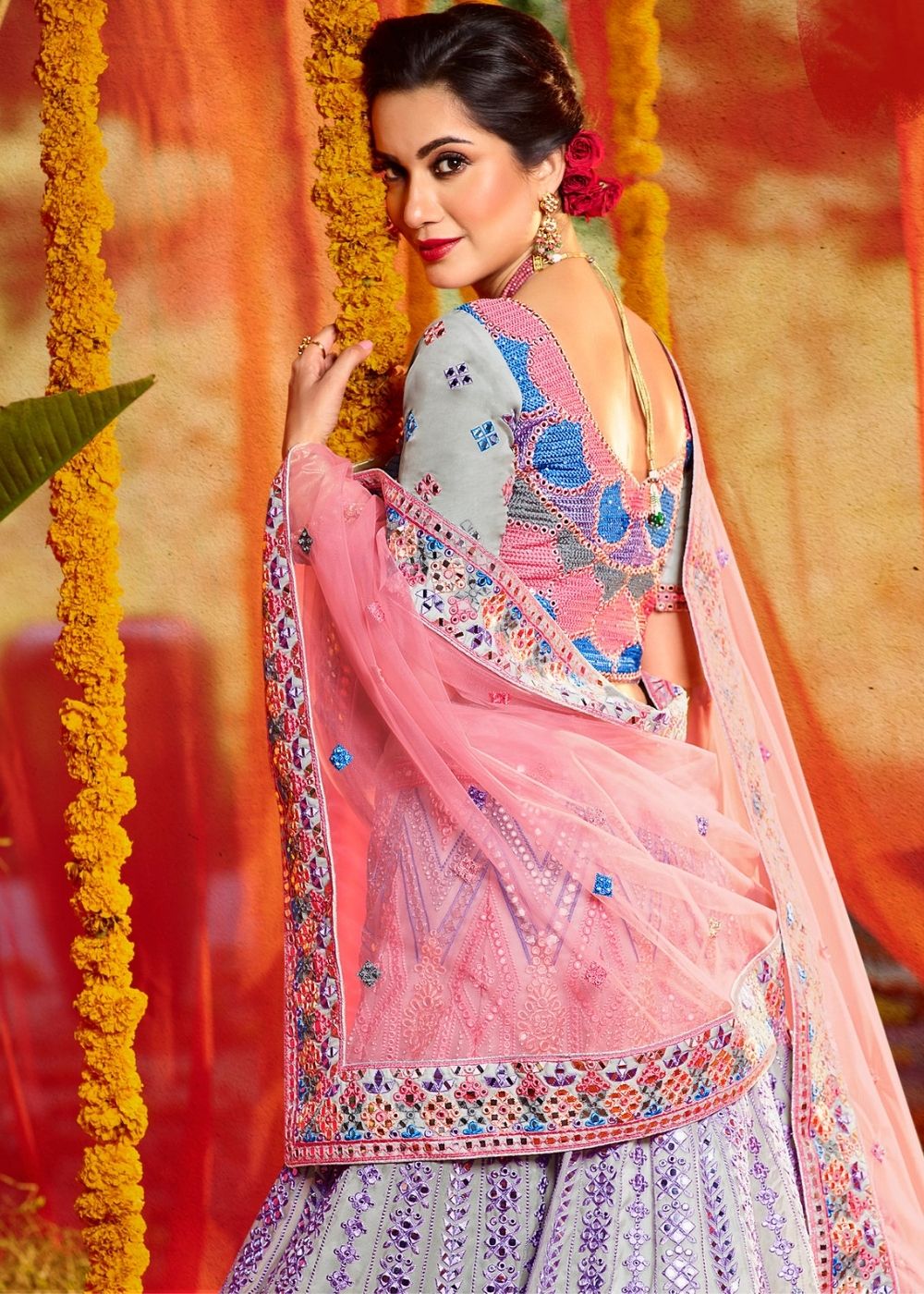 Sky Blue Organza Designer Lehenga Choli with Foil, Mirror, Thread and Zarkan work (Pre-Order)