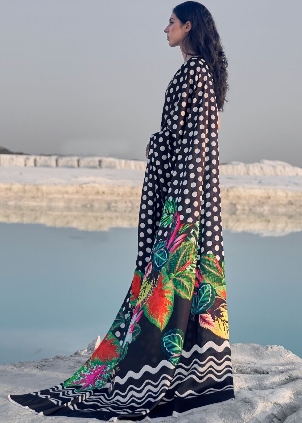 Black and White Polka Dots Digital Printed Crepe Silk Saree: Top Pick