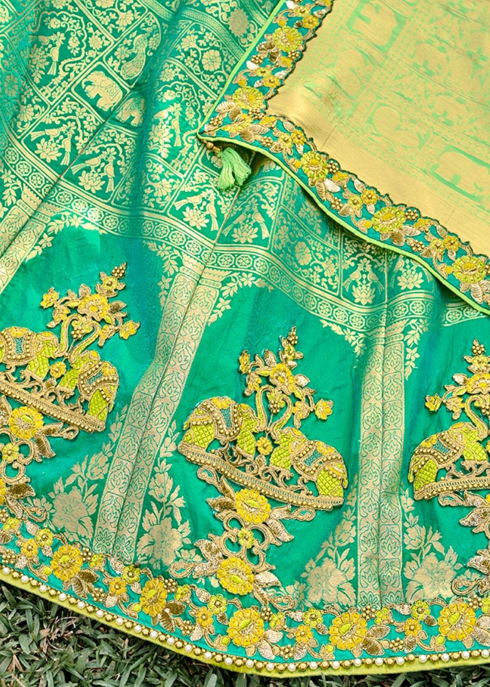 Turquoise Green Banarasi Silk Lehenga Choli