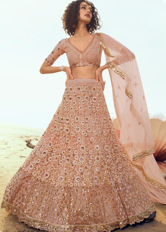 Salmon Pink Soft Net Designer Lehenga Choli with overall Sequins and Thread work(Pre-Order)