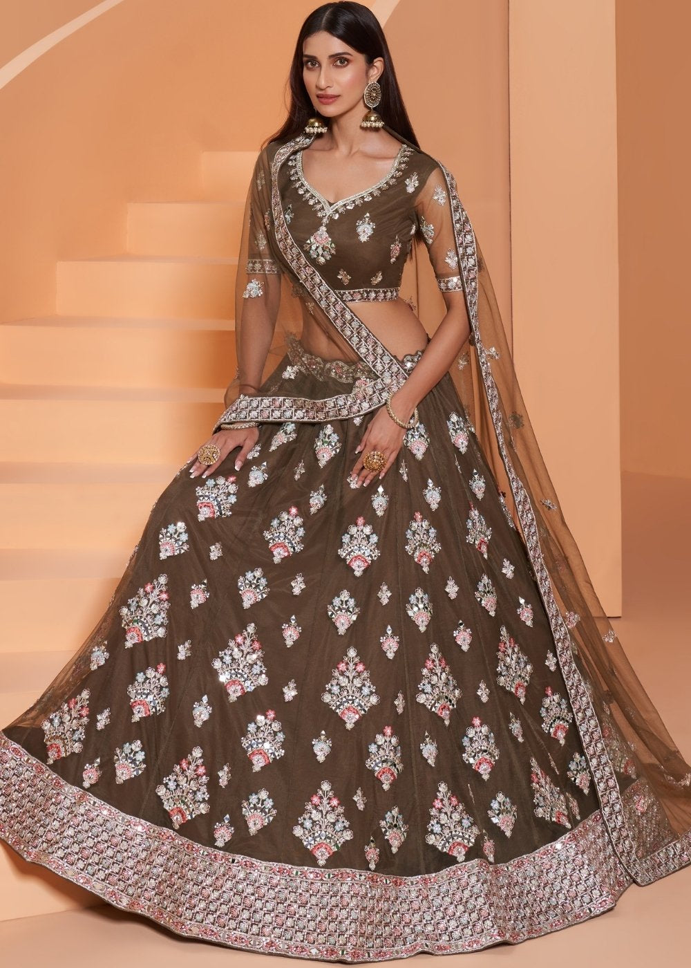 Army Green Net Lehenga Choli with Cording,Thread Embroidery, Zarkan & Badla work
