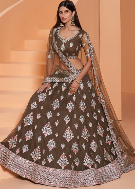 Army Green Net Lehenga Choli with Cording,Thread Embroidery, Zarkan & Badla work