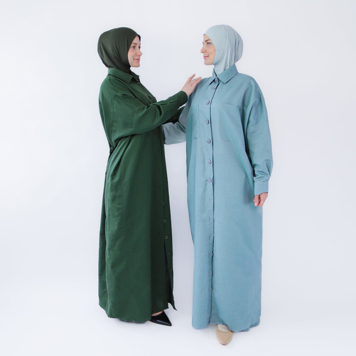 Abaya dress style maxi dress for women with wide trousers "Blue Linen"