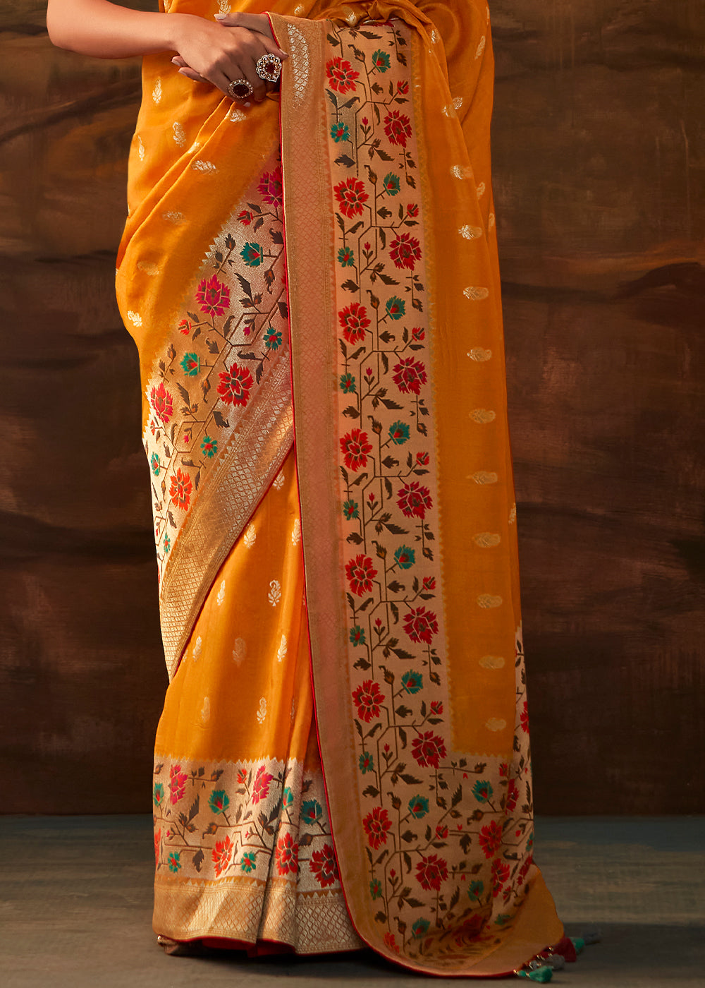 Carrot Orange Paithani Banarasi Silk Saree having Resham Woven Floral Motifs