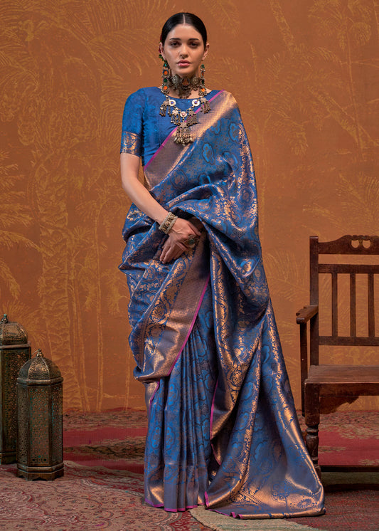 Cobalt Blue Handloom Woven Designer Silk Saree