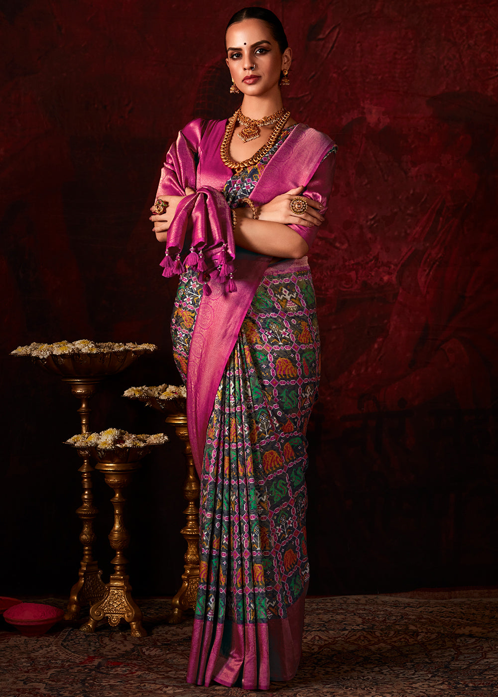 Shades Of Pink Patola Printed Silk Saree with Contrast Blouse