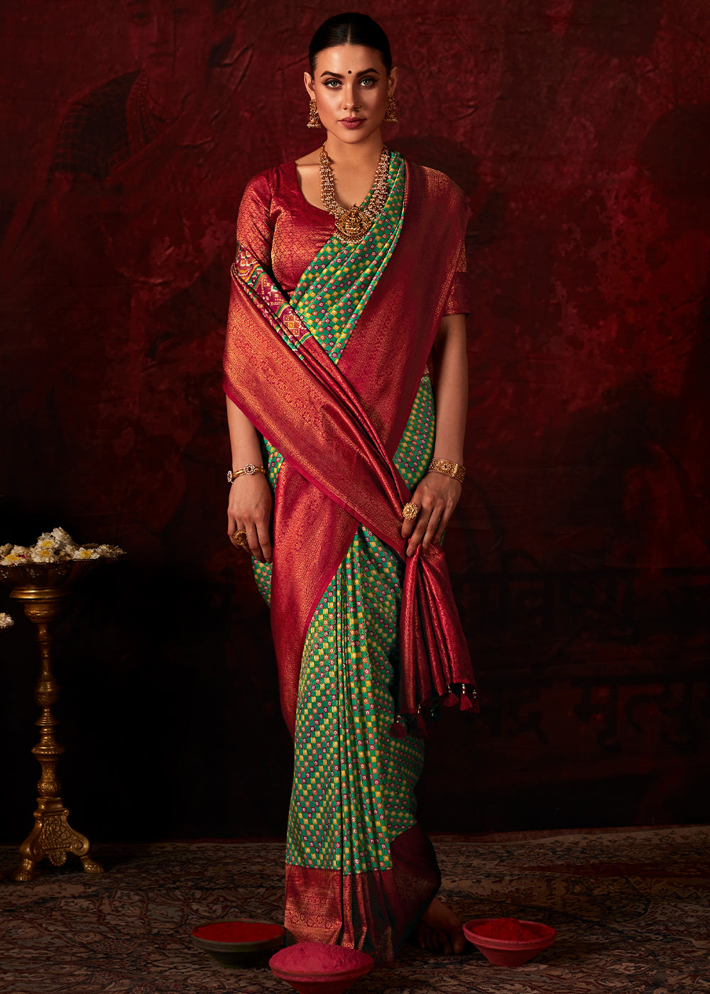 Red & Green Patola Printed Silk Saree with Contrast Blouse