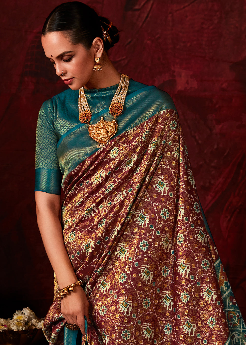 Blue & Brown Patola Printed Silk Saree with Contrast Blouse