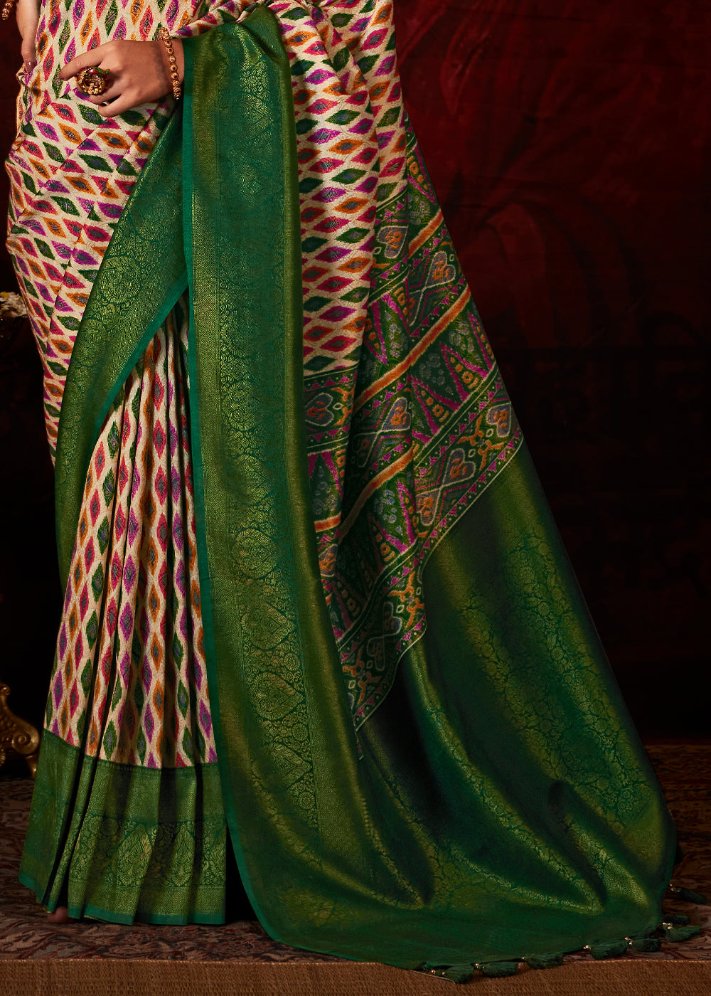 Green & White Patola Printed Silk Saree with Contrast Blouse