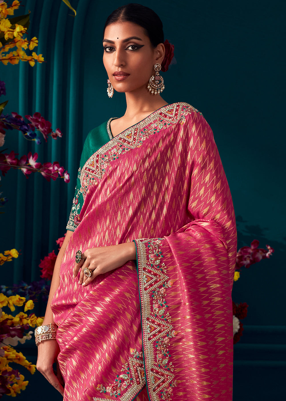 Cerise Pink Woven Kanjivaram Silk Saree with Sequin,Stone,Khatli & Pearl work