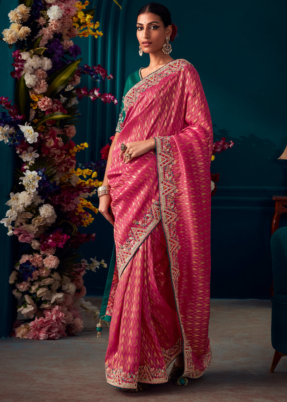 Cerise Pink Woven Kanjivaram Silk Saree with Sequin,Stone,Khatli & Pearl work