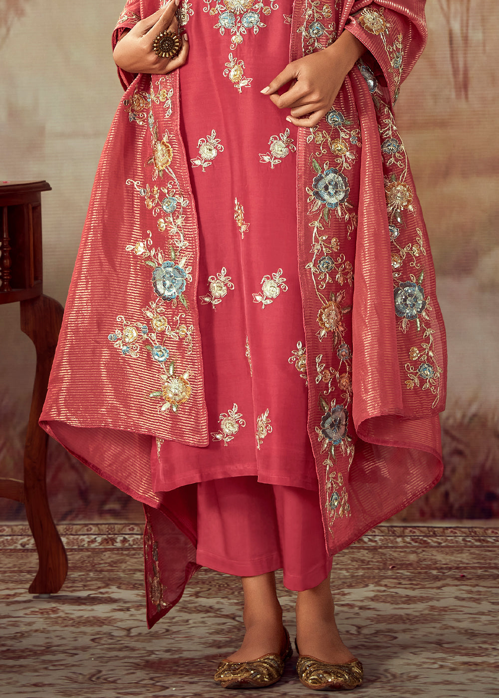 Fiery Rose Pink Silk Salwar Suit With Floral Embroidery Work