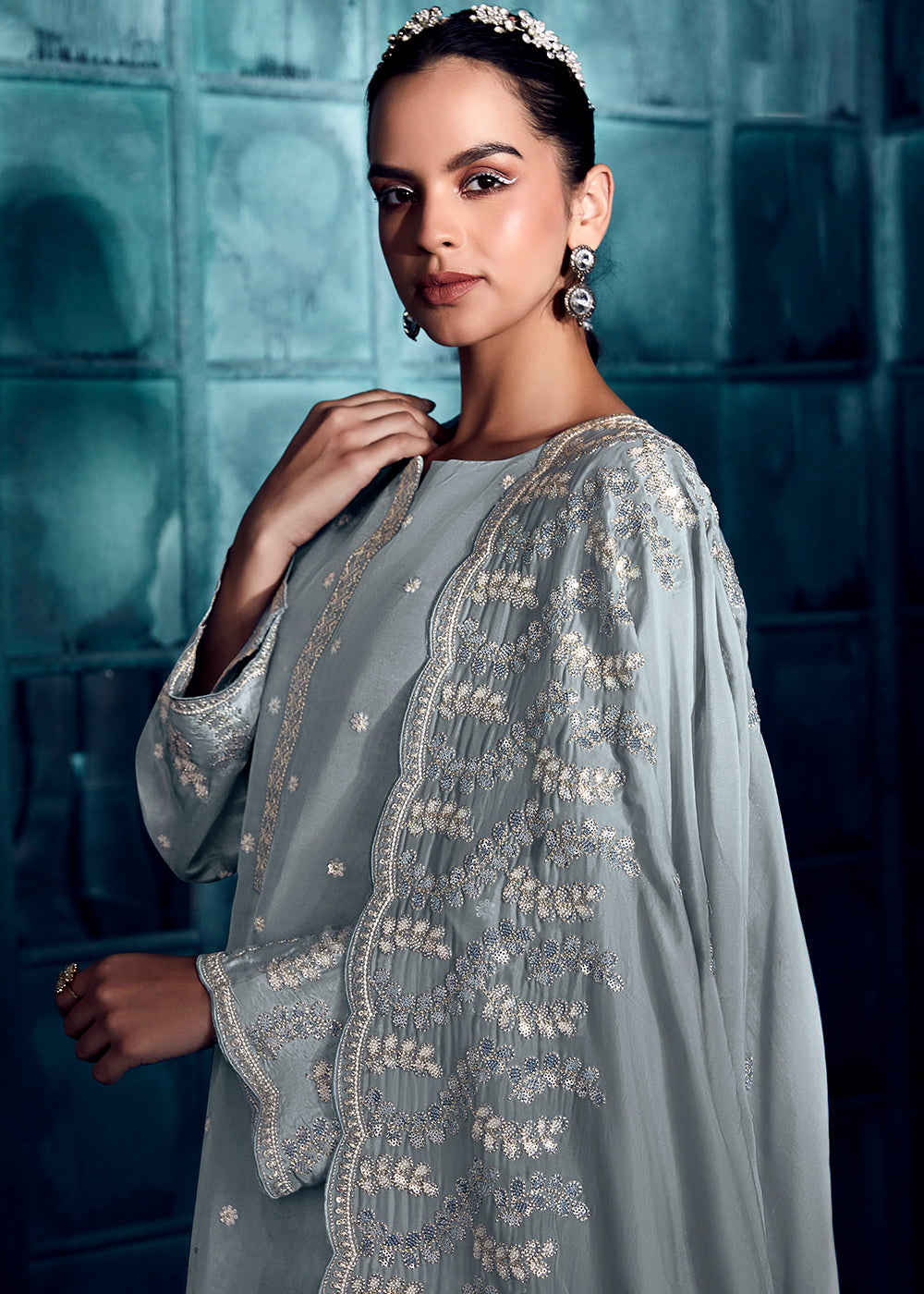 Chateau Grey Silk Salwar Suit with Embroidery work