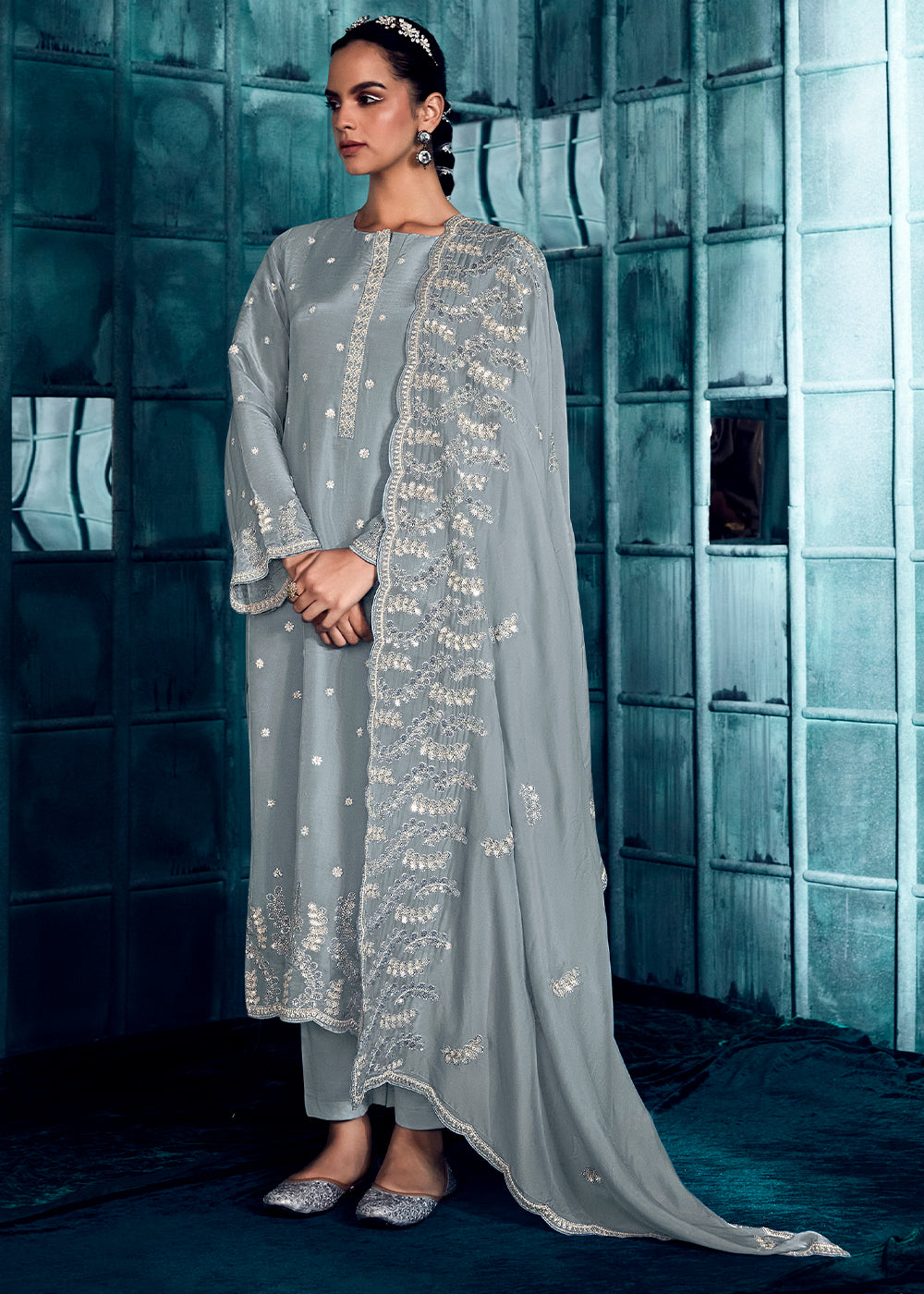 Chateau Grey Silk Salwar Suit with Embroidery work