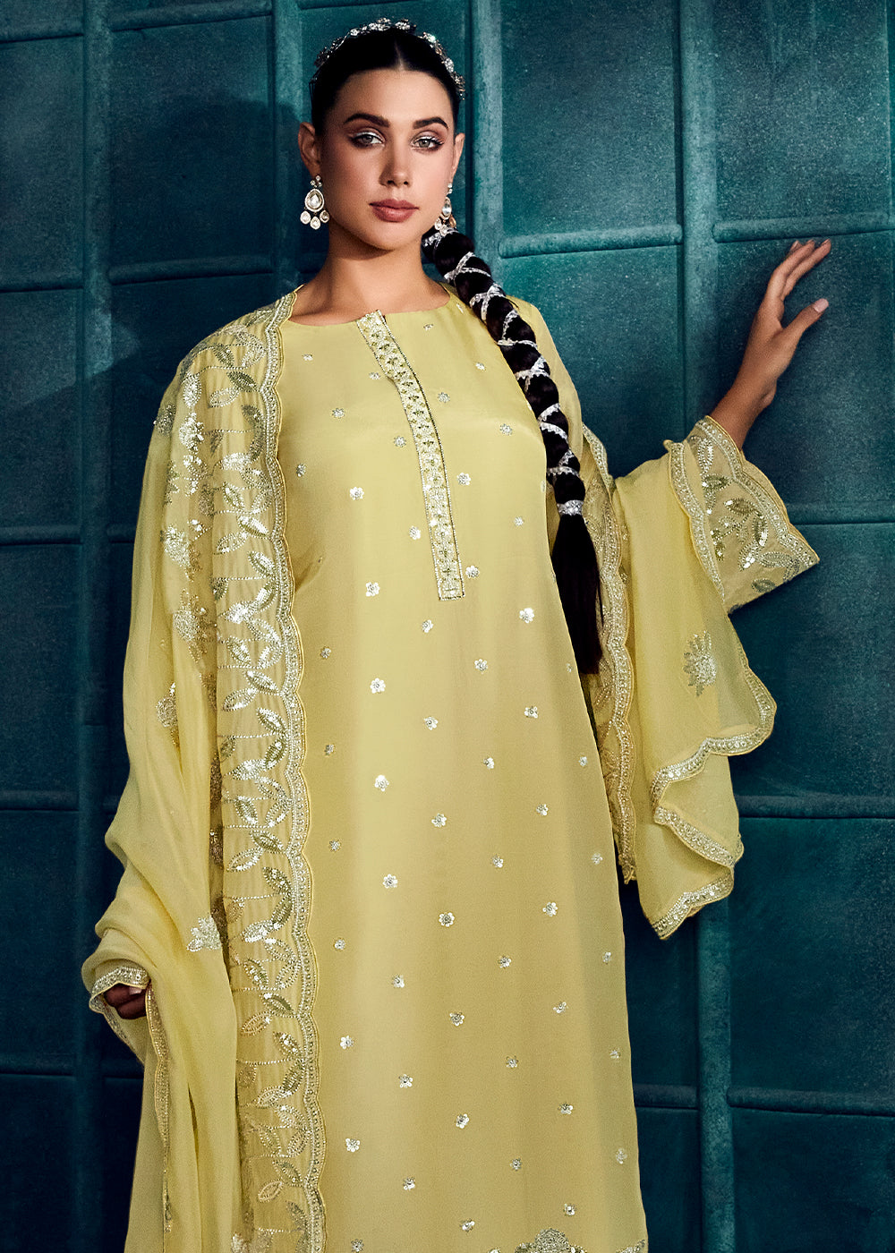 Jonquil Yellow Silk Salwar Suit with Embroidery work