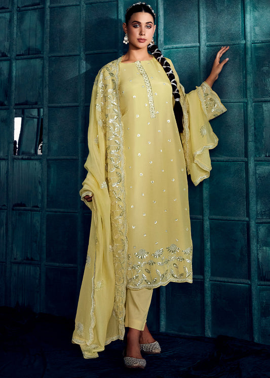 Jonquil Yellow Silk Salwar Suit with Embroidery work