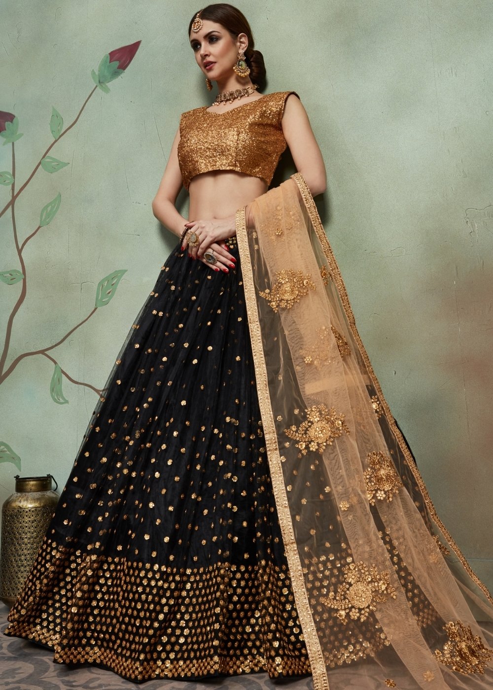 Midnight Black Designer Soft Net Lehenga Choli with Sequins  work