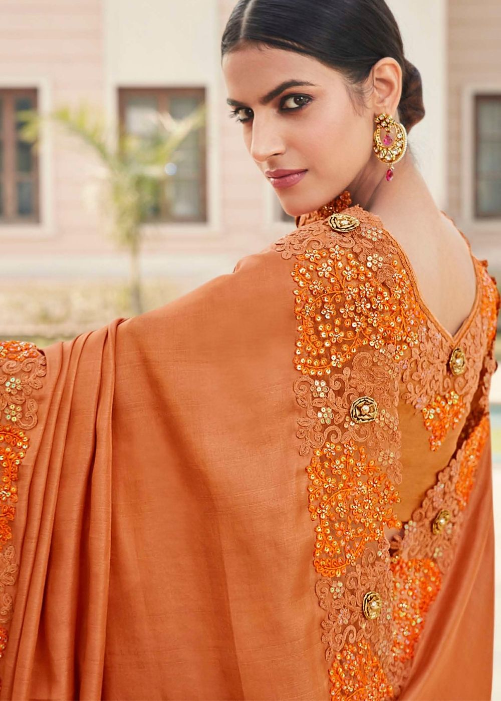 Coral Orange Designer Satin Georgette Saree with Embroidery work