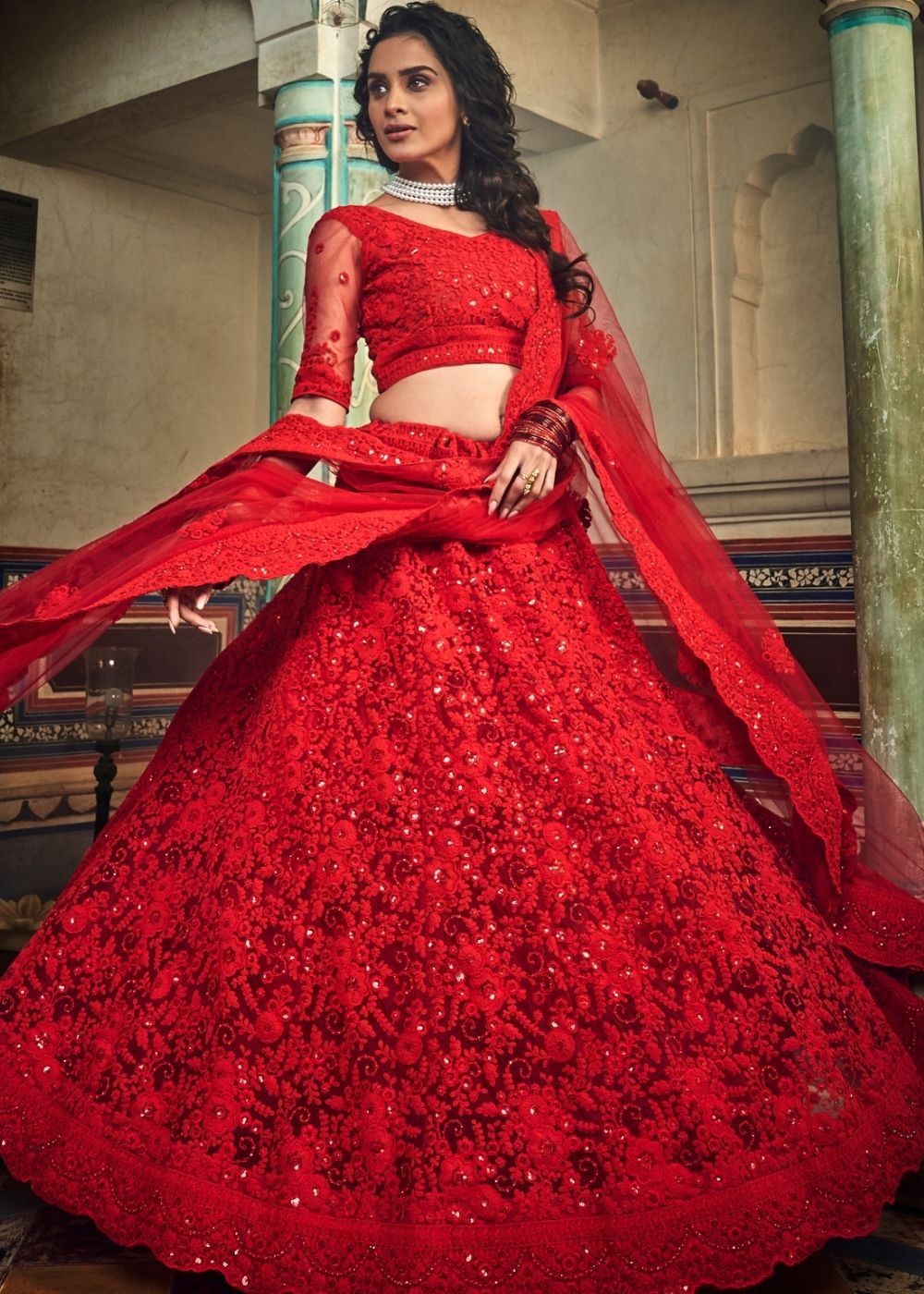 Chilli Red Soft Net Lehenga Choli with Sequins,Dori & Zarkan work