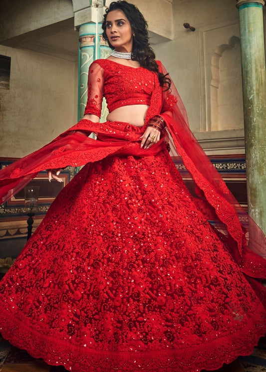 Chilli Red Soft Net Lehenga Choli with Sequins,Dori & Zarkan work