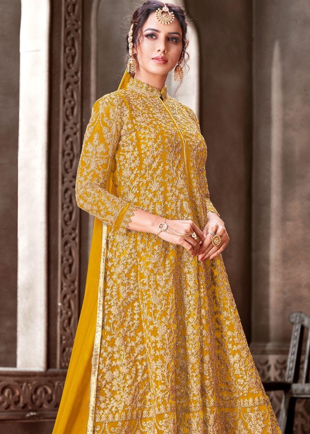 Honey Yellow Designer Net Anarkali Suit with Full Thread Embroidery Work: Top Pick