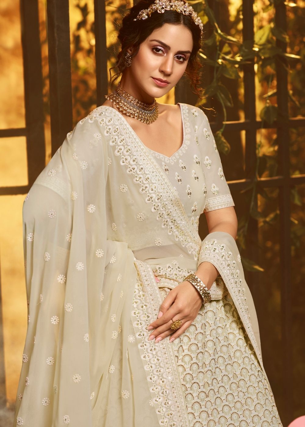 Linen White Georgette Lehenga Choli with Thread, Zari, and Moti work