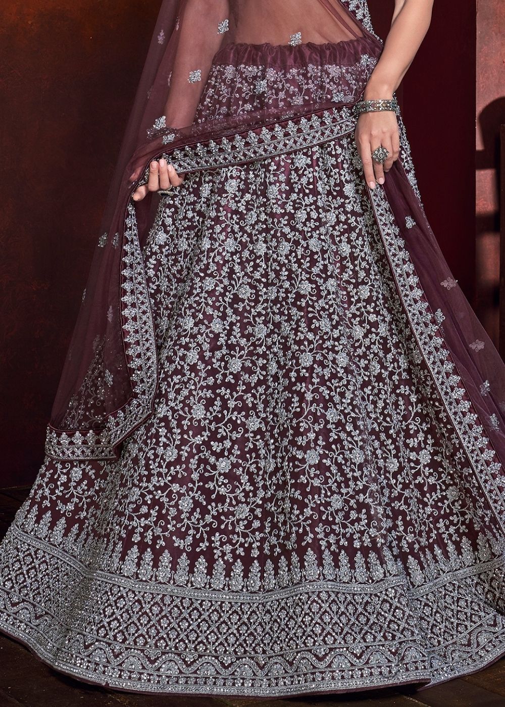 Wine Purple Net Lehenga Choli with Sequence and Zarkan work