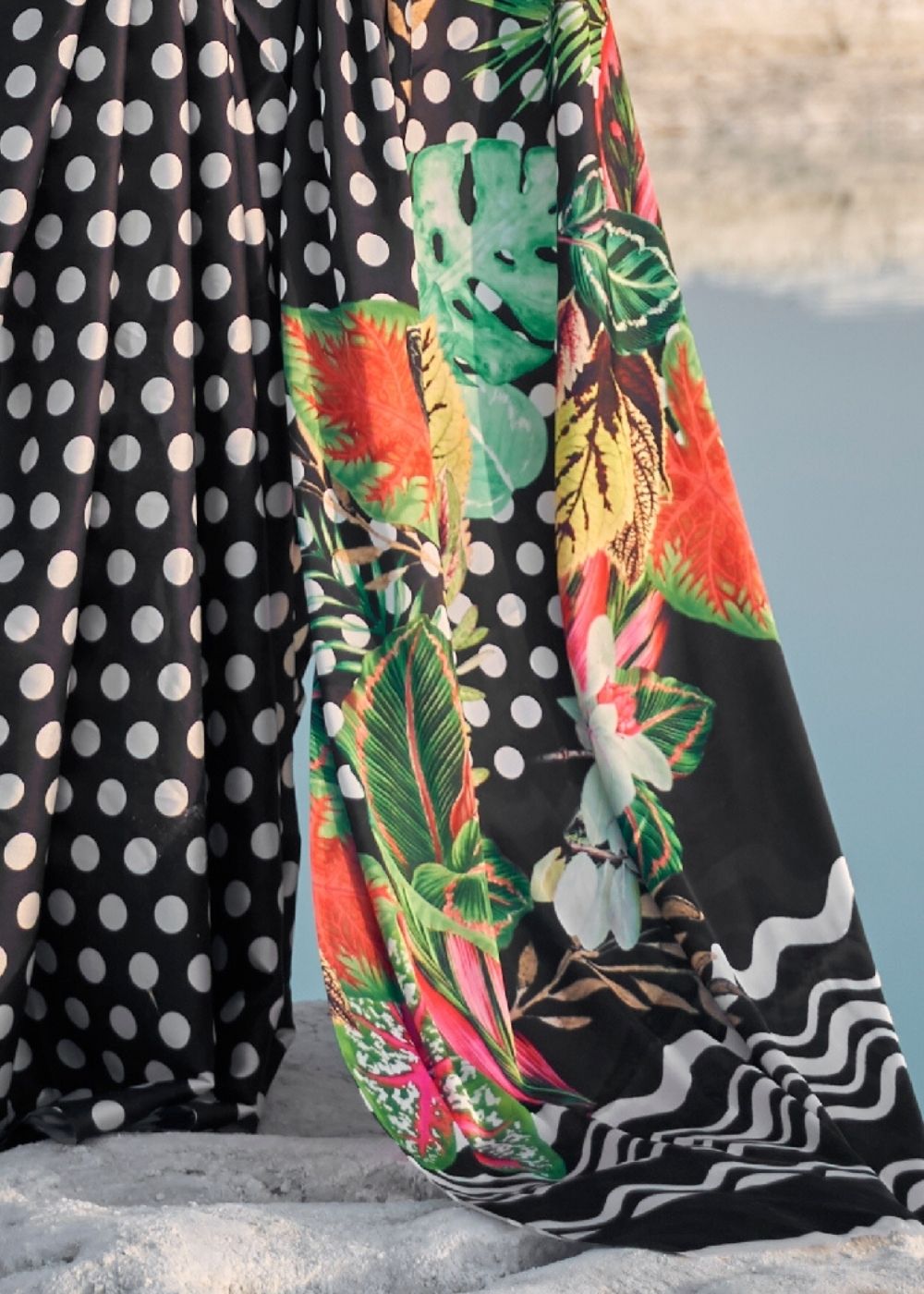 Black and White Polka Dots Digital Printed Crepe Silk Saree: Top Pick