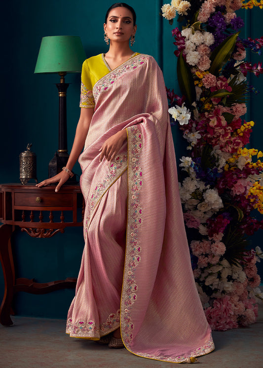 Pinkish Purple Woven Kanjivaram Silk Saree with Sequin,Stone,Khatli & Pearl work