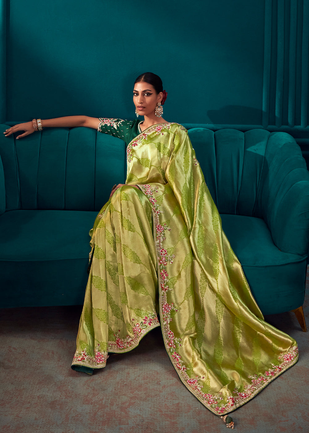 Shades Of Green Woven Kanjivaram Silk Saree with Sequin,Stone,Khatli & Pearl work