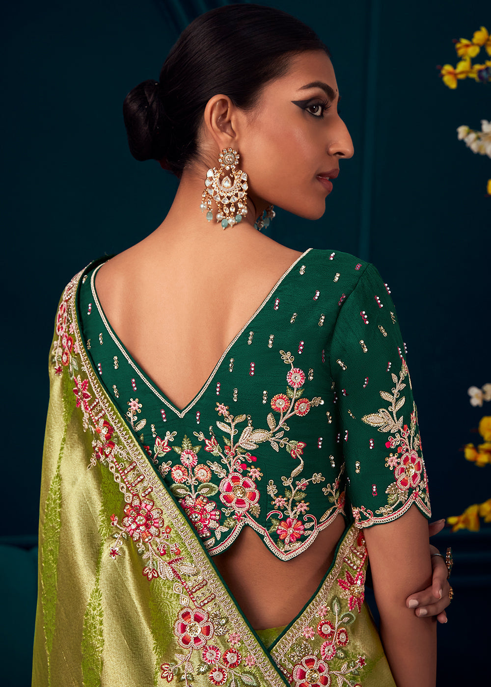 Shades Of Green Woven Kanjivaram Silk Saree with Sequin,Stone,Khatli & Pearl work