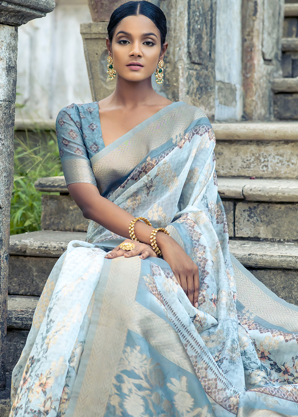 Shades Of Blue Floral Printed Silk Saree