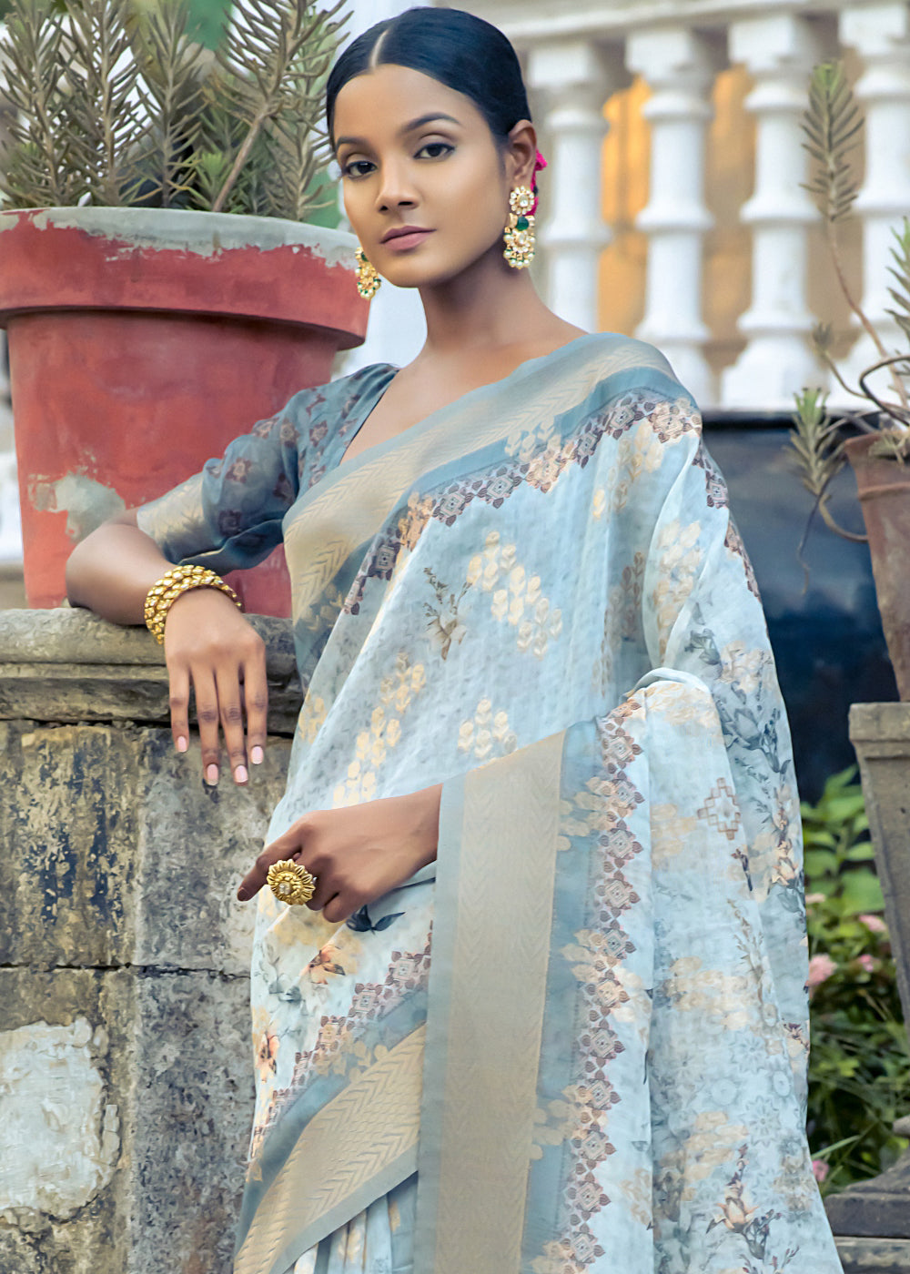 Shades Of Blue Floral Printed Silk Saree