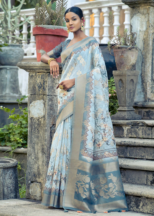 Shades Of Blue Floral Printed Silk Saree