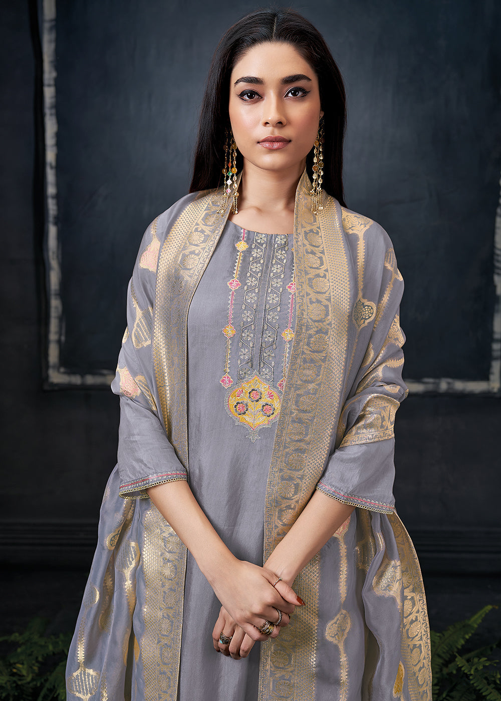 Flint Grey Embroidered Organza Salwar Suit