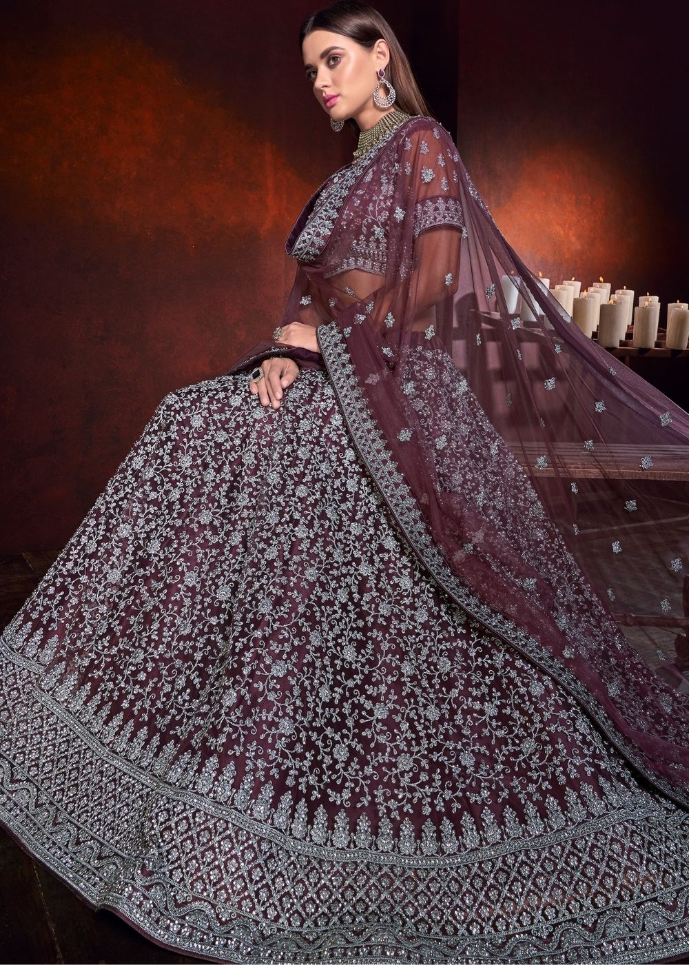 Wine Purple Net Lehenga Choli with Sequence and Zarkan work