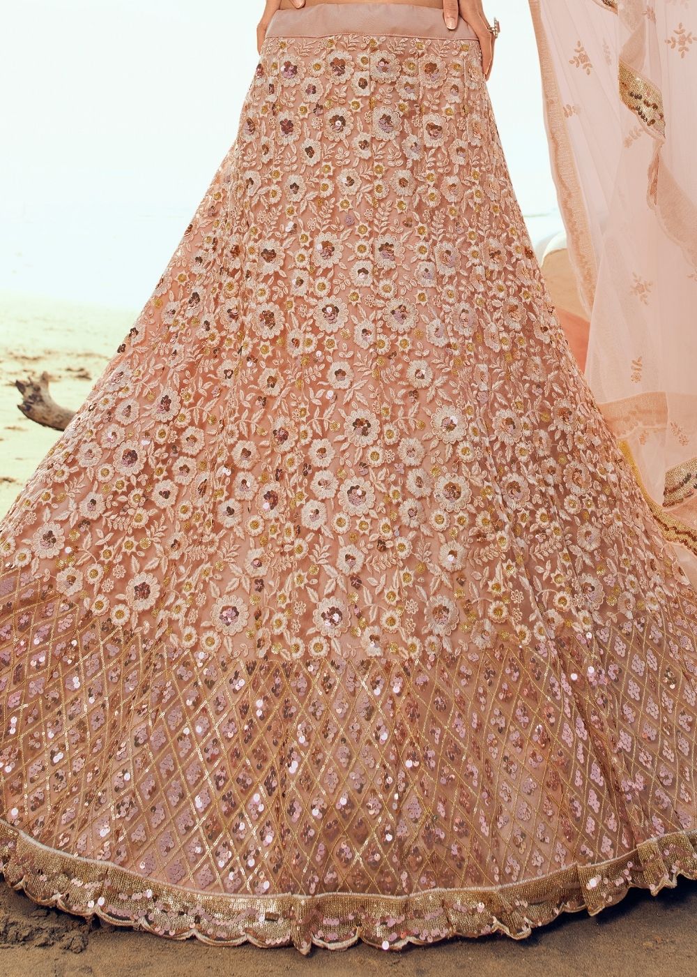 Salmon Pink Soft Net Designer Lehenga Choli with overall Sequins and Thread work(Pre-Order)