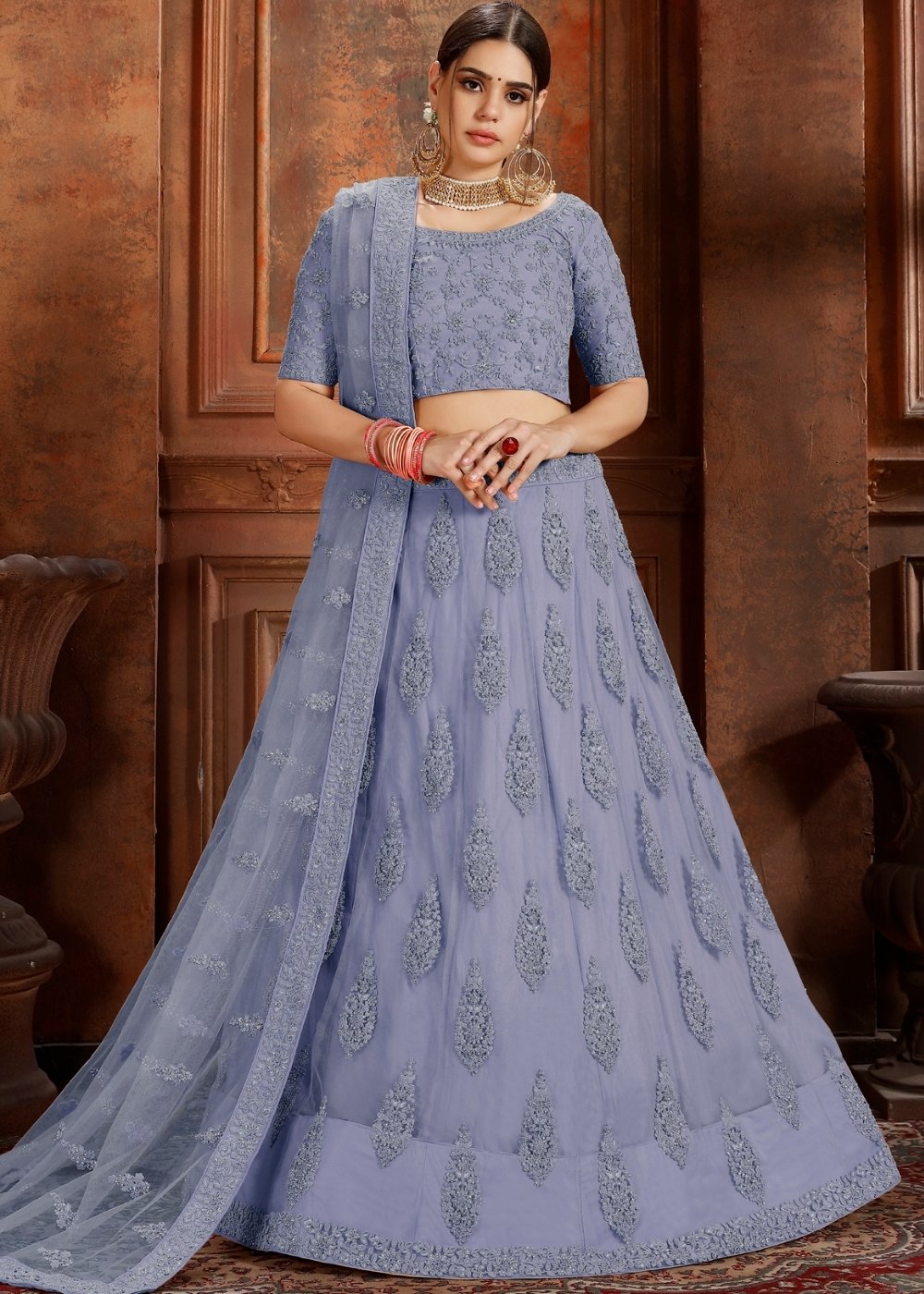 Steel Blue Soft Net Lehenga Choli with Thread, Zarkan & Pearl work