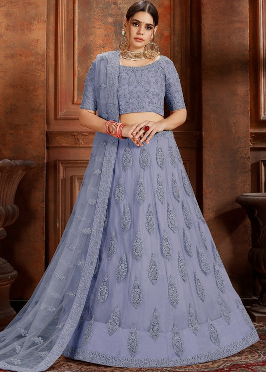 Steel Blue Soft Net Lehenga Choli with Thread, Zarkan & Pearl work