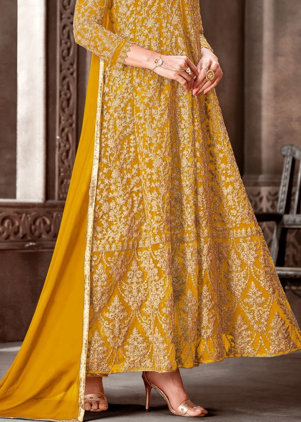 Honey Yellow Designer Net Anarkali Suit with Full Thread Embroidery Work: Top Pick