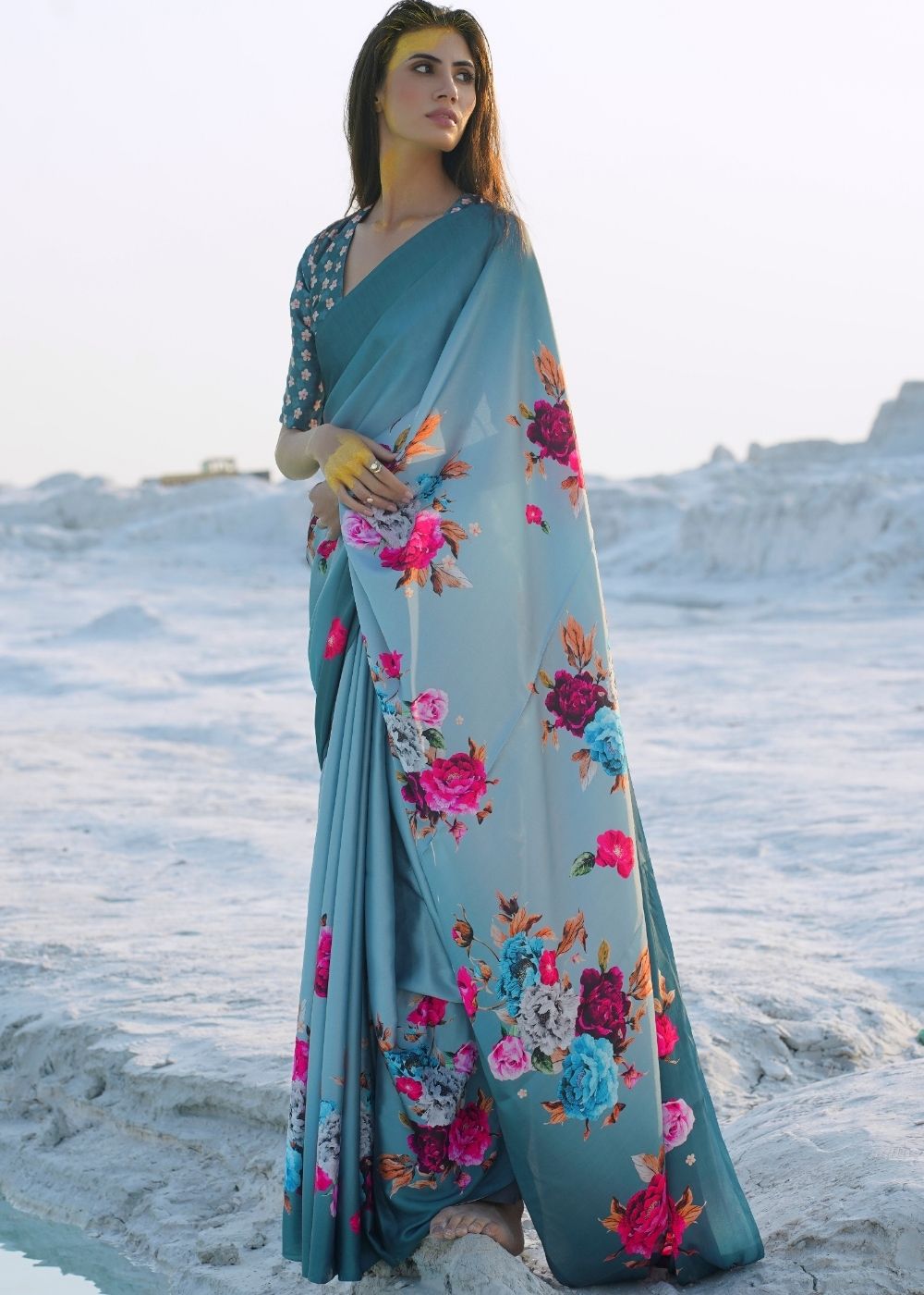 Turkish Blue Digital Printed Crepe Silk Saree: Top Pick