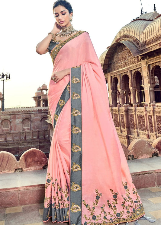 Light Pink Silk Saree with Thread Embroidery work