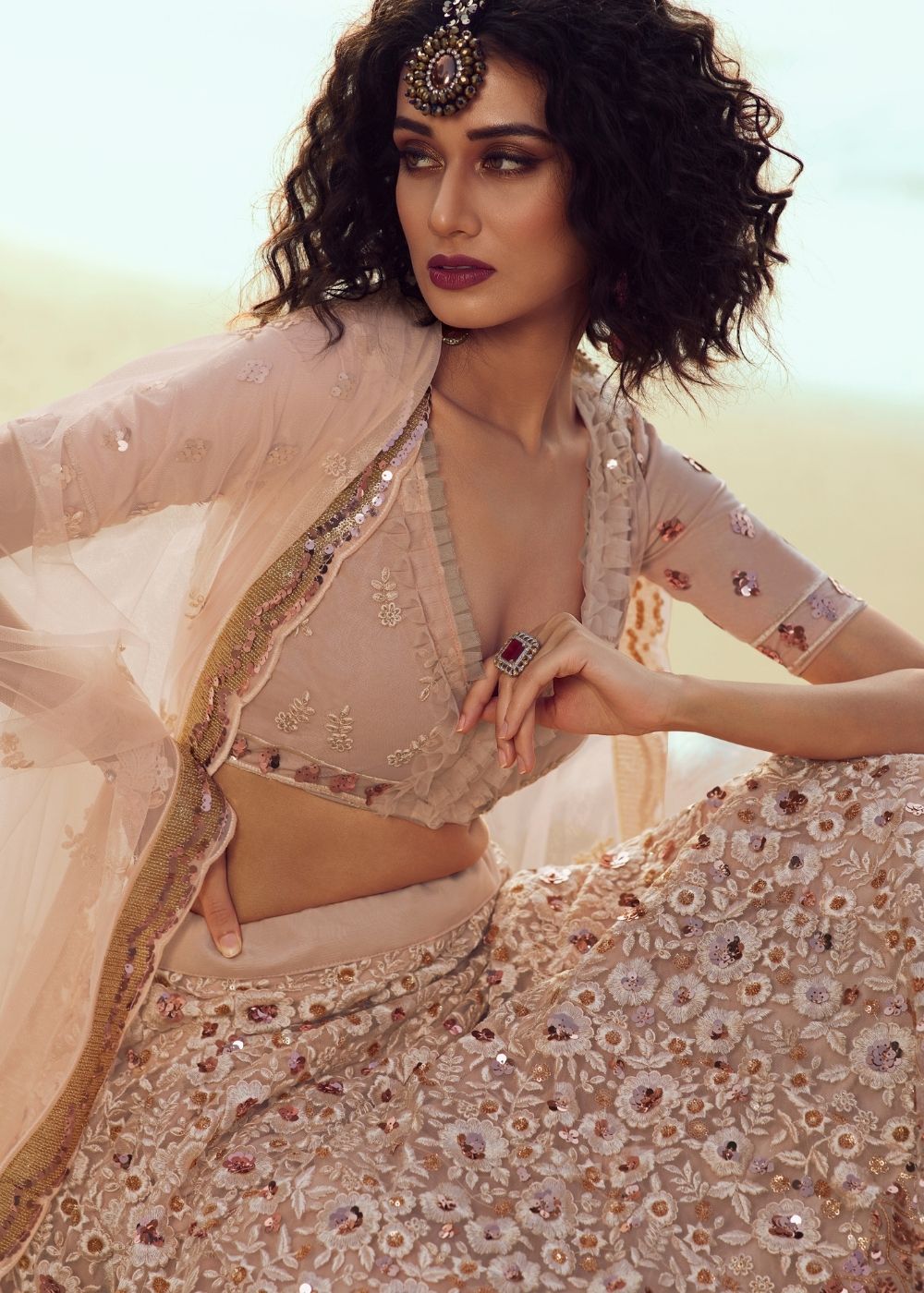 Salmon Pink Soft Net Designer Lehenga Choli with overall Sequins and Thread work(Pre-Order)