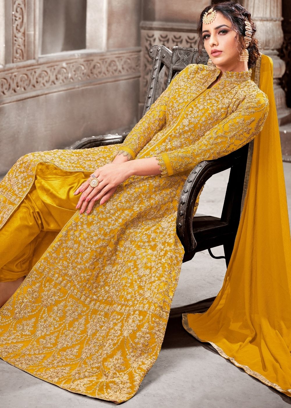 Honey Yellow Designer Net Anarkali Suit with Full Thread Embroidery Work: Top Pick