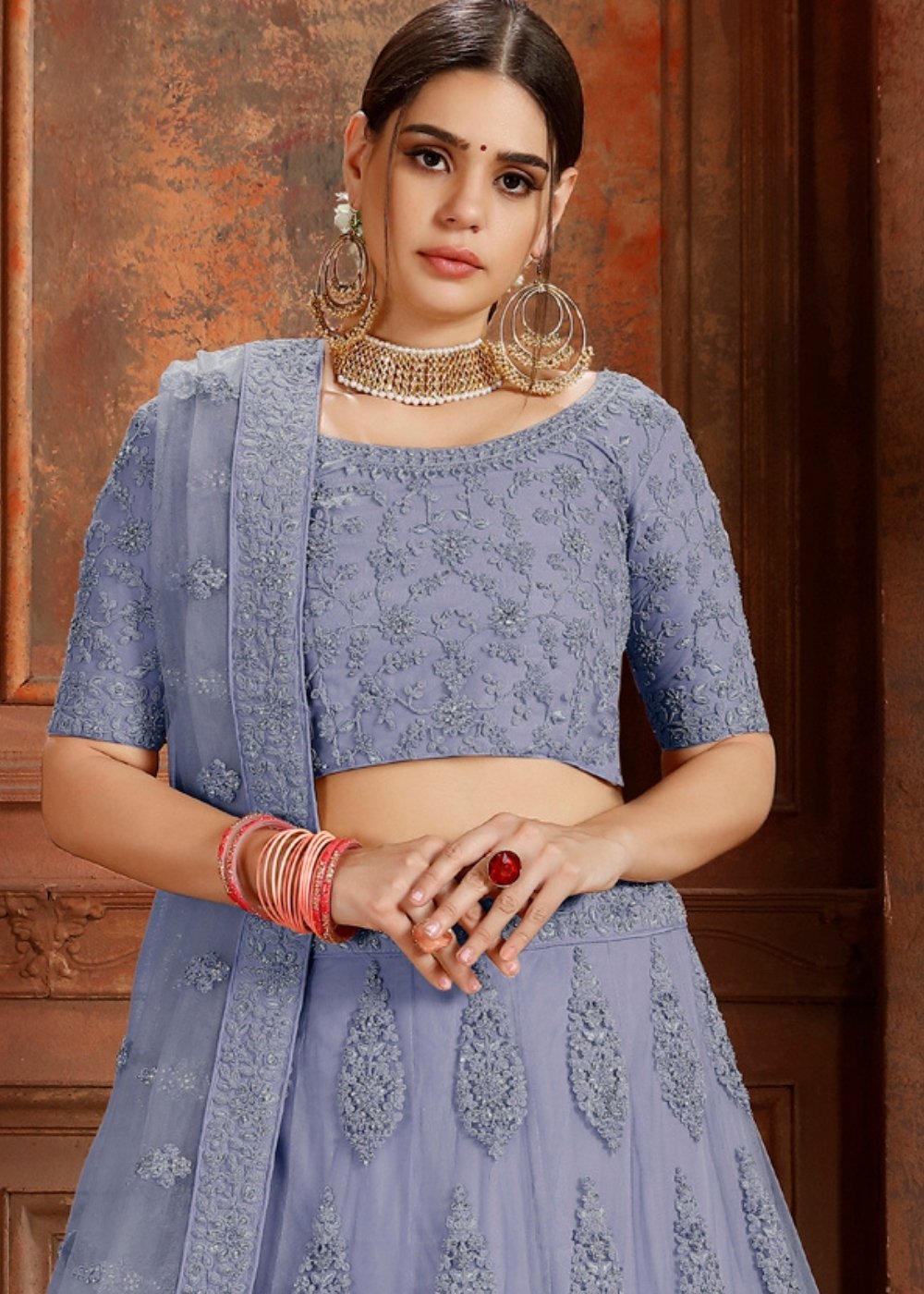 Steel Blue Soft Net Lehenga Choli with Thread, Zarkan & Pearl work