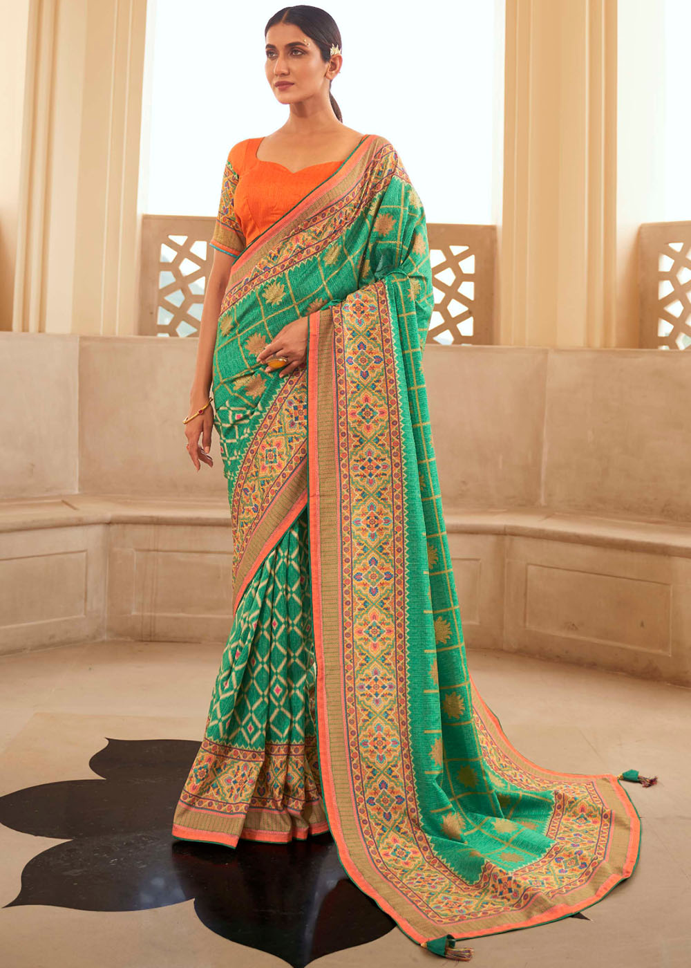 Jungle Green Patola Print Georgette Silk Saree