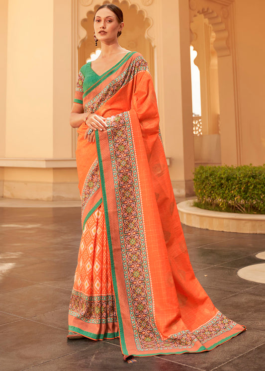 Outrageous Orange Patola Print Georgette Silk Saree