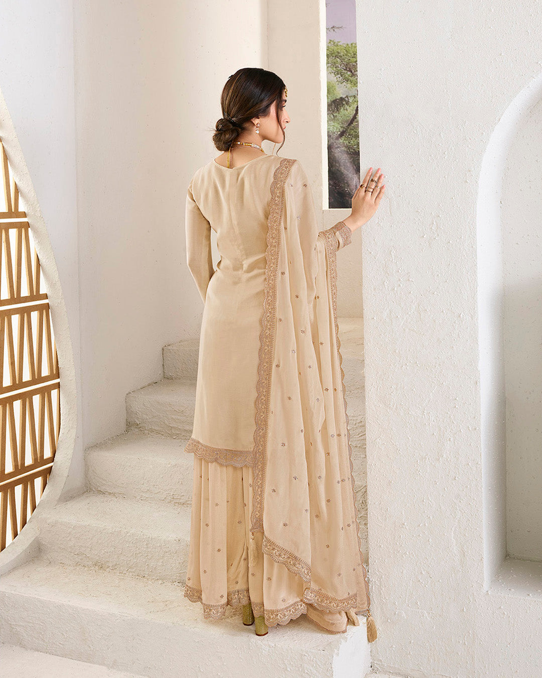 Off-White Chinon Kurta. Paired with Chinon Sharara Bottom and Chinon Dupatta