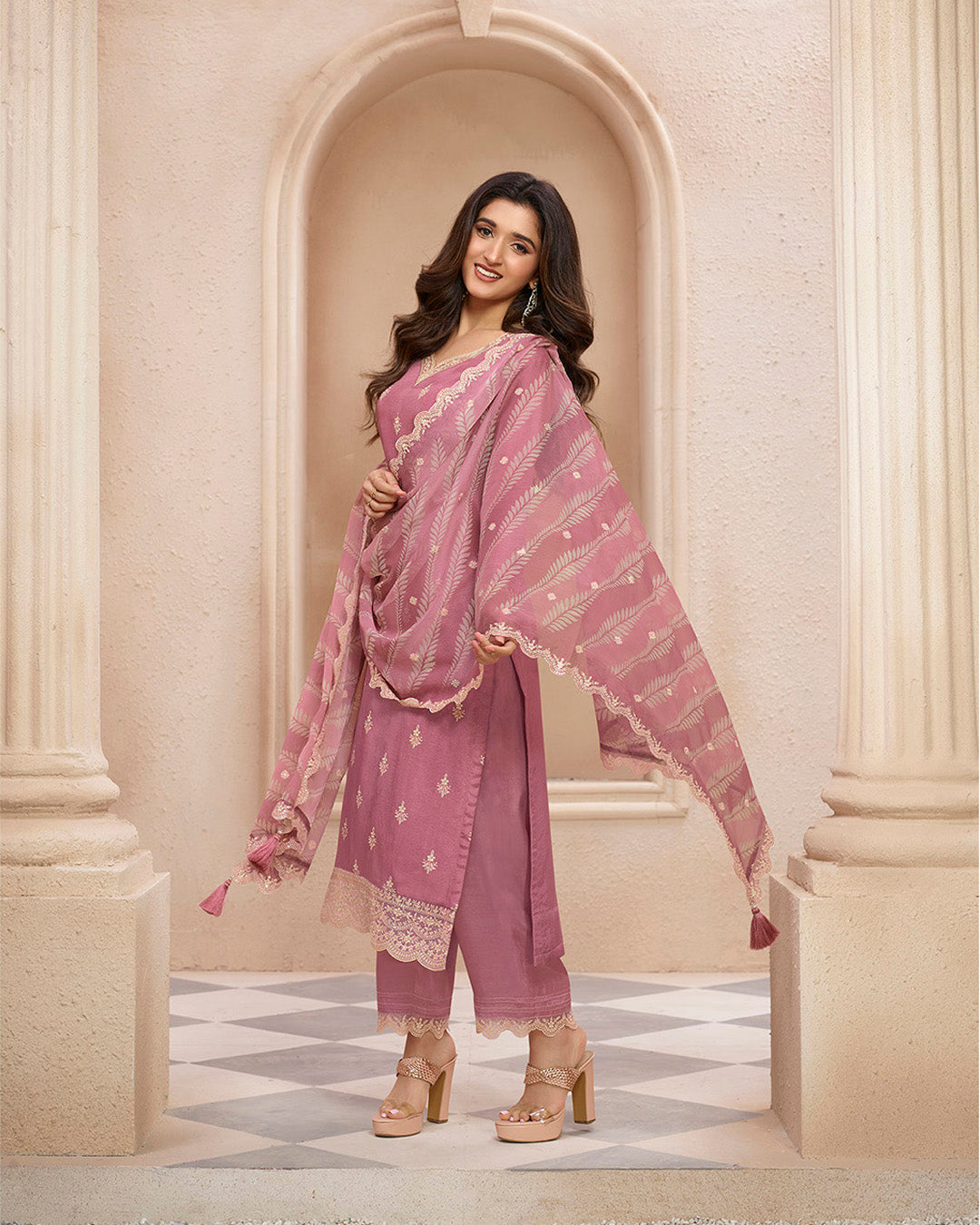 Dusty Rose Pink Dola Silk Kurta. Paired with Straight Pants and Chinon Lehariya Print Dupatta