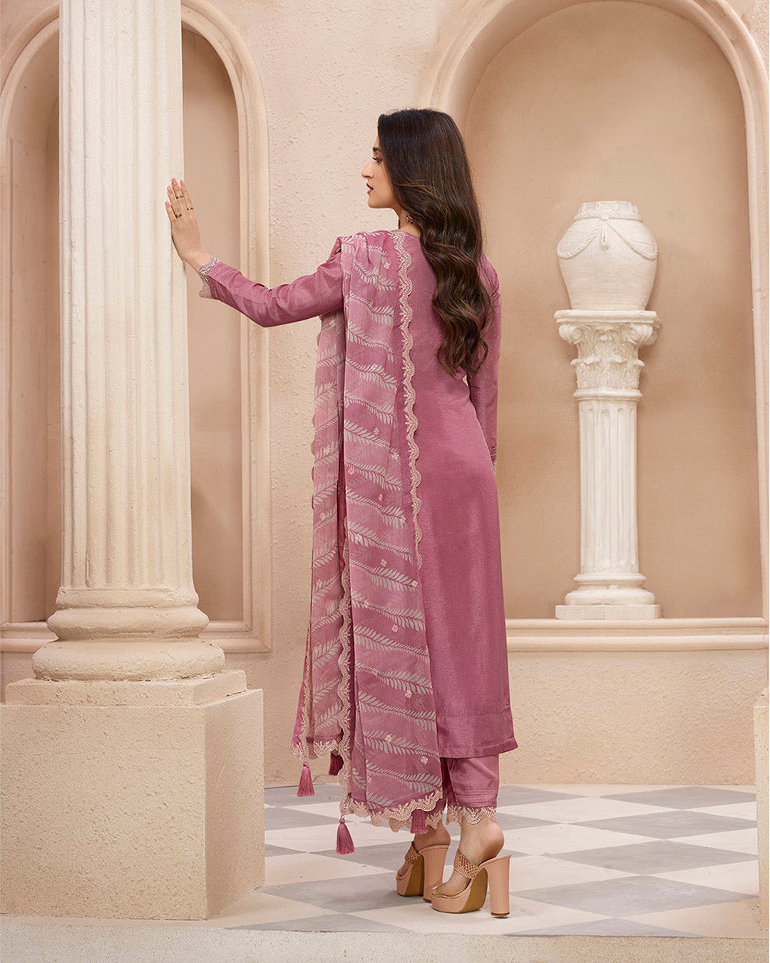 Dusty Rose Pink Dola Silk Kurta. Paired with Straight Pants and Chinon Lehariya Print Dupatta